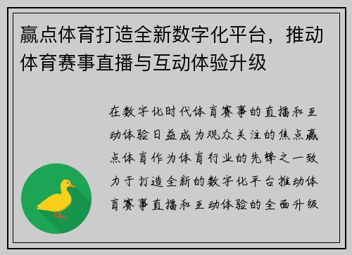 赢点体育打造全新数字化平台，推动体育赛事直播与互动体验升级